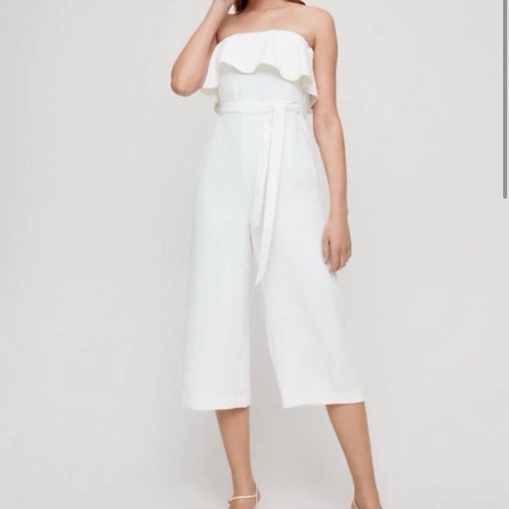 Babaton White Strapless Ruffle Jumpsuit